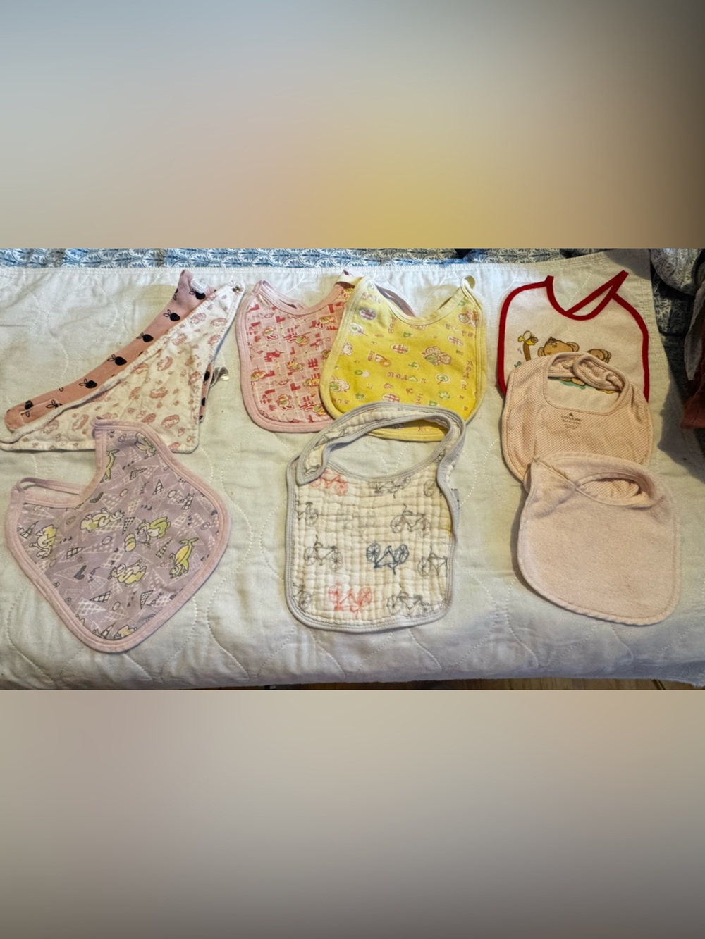 9 Assorted Pink & Yellow Baby Bibs